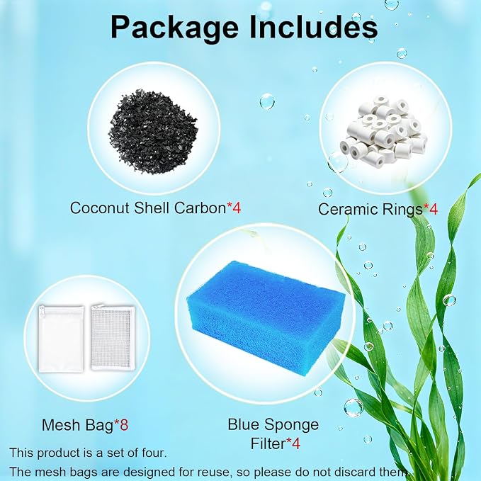 4 Set Media Maintenance Kit Replacement for Fluval AC70 Power Filter - for Use in Freshwater & Saltwater Aquariums - Includes 4 Active Carbon 4 Ceramic Rings 2 Intake Strainer Sponges 4 Foam Filter