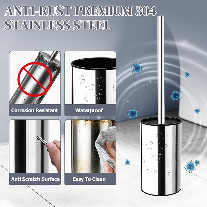 Toilet Brush,Toilet Brush and Holder Set,Stainless Steel Toilet Bowl Brush and Holder for Bathroom,Heavy Duty Toilet Bowl Brush with Long Handle,Toilet Brush with Sleek Design and Removable Inner Bowl