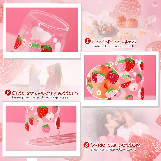 Sliner 2 Pcs Strawberry Glass Cups Summer Drinking Glasses 16 oz Iced Coffee Tumbler with Lid and Straw Summer Gifts Cups Home Office Decorations