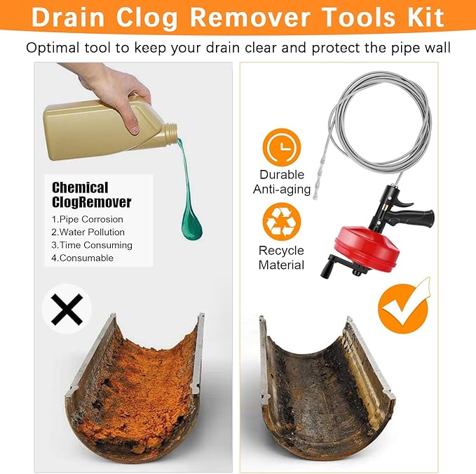 35 FT Double Mode Drain Snake Tools, 14-in-1 Drain Auger for Sink and Drain Unblocking, Plumbing Snake for Kitchen, Bathrom and Shower Sink, Snake for Real DYIs【Upgraded】