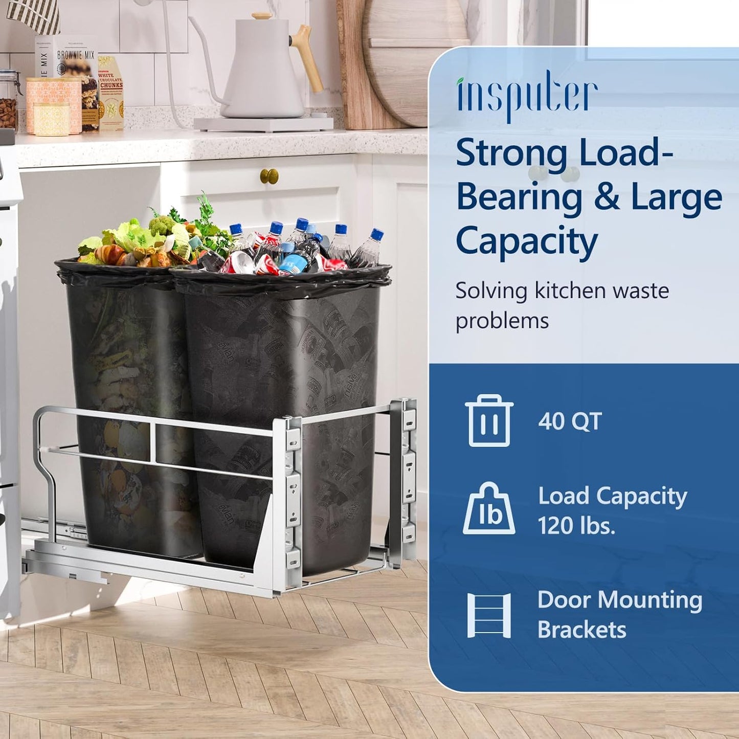 Insputer Dual Pull Out Trash Can Under Cabinet with Soft-Close Slides, Heavy Duty Under Sink Trash Can Kit for Kitchen Sink, Laundry, Garbage Can Not Included, Requires 17" W X 24" D Cabinets