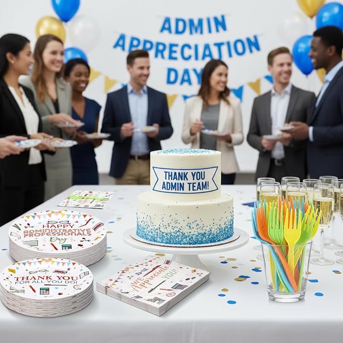 Remerry 96 Pcs Happy Administration Professionals Day Party Supplies We Appreciate You Colorful Tableware Disposable Thank You Employee Staff Paper Plates Napkins Forks for Party Decoration