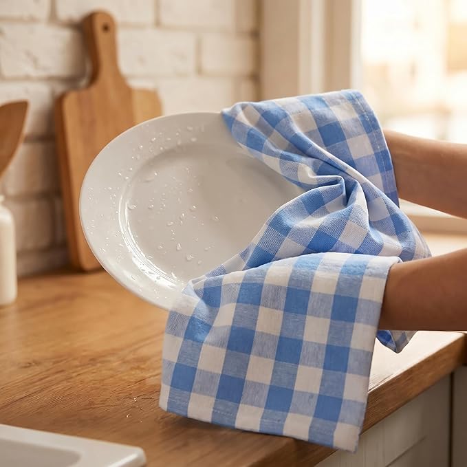 Urban Villa Kitchen Towels Set of 6 Blue Sand Buffalo Checks Kitchen Towels 20X30 Inches 100% Cotton Highly Absorbent Kitchen Towels Premium Quality Ultra Soft Mitered Corners KitchenTowels