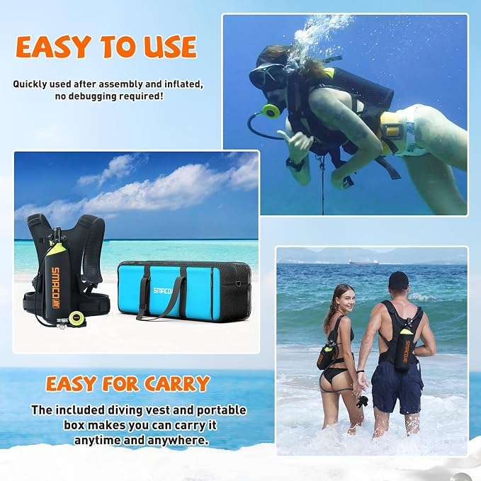 SMACO Mini Scuba Tank 1.9L Capacity Diving Oxygen Tank for Underwater Breathing Reusable Small Scuba Tank Kit with Portable Bag Scuba Cylinder for Underwater Entertainment/Diving Work