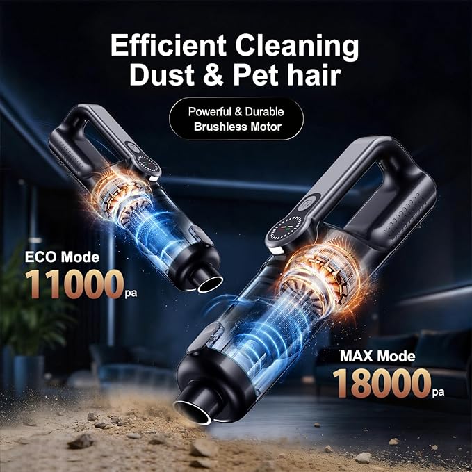 18000Pa Cordless Handheld Car Vacuum Cleaner – 35-Min Runtime, LED Light & LCD Screen, 2-in-1 Blower Function – Lightweight 1.9lb Portable Vacuum for Pet Hair, Home & Car Interior (Black)