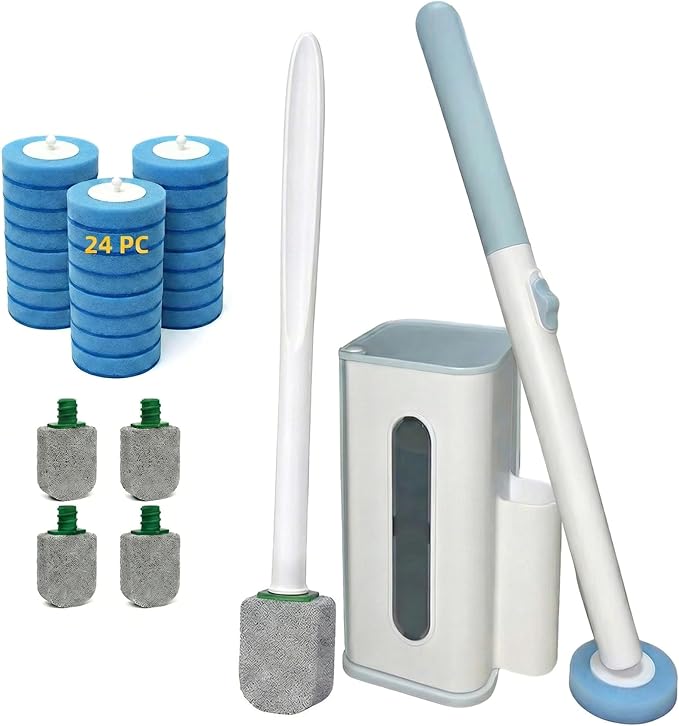 Disposable Toilet Brush with 24 Refills & Pumice Stone Toilet Cleaner 4-Pack, 2-in-1 Bathroom Cleaning Kit with Wall Mount Holder for Toilet, Bathtub, Sink, Grill, Pool