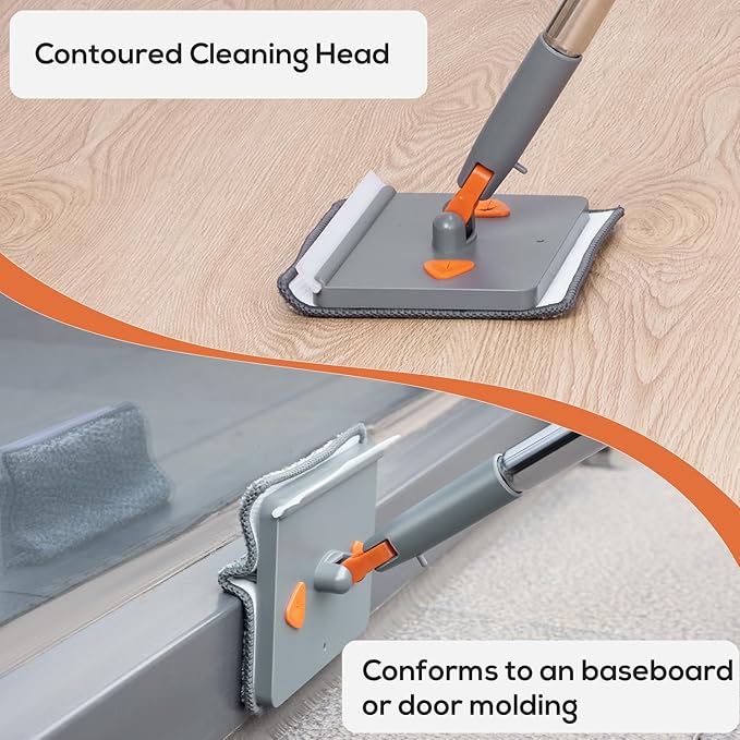 Wall & Base Board Cleaner Tool with 360°Rotating Mop Head, 180°Folding Design for Effortless Baseboards/Ceilings/Wall Cleaning - Adjustable Long Handle Multi-Surface Scrubber & Duster