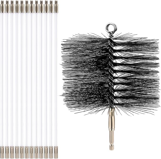 Teenyyou Wire Chimney Cleaning Brush with 1/4 Npt Fitting and 12 Rods, 6 Inch Round Steel Chimney Cleaning Brush and 16 Inch Fiberglass Rods for Hearth Fireplace(All-in-one)