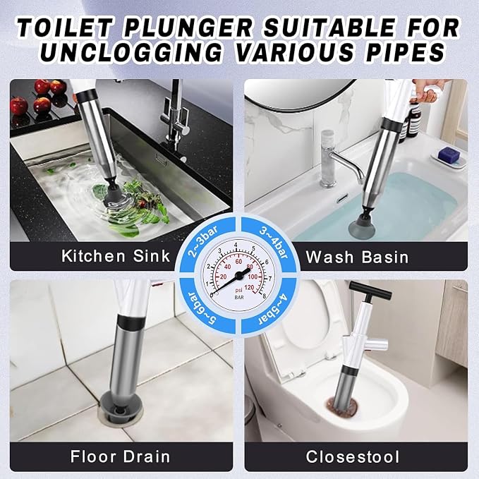High Pressure Air Drain Blaster, Drain Plunger Equipped with 360° Rotating Elbow/Base High-Pressure Air Plunger Kit for Unclogging Toilets/Sinks/Bathtubs/Floor Drains