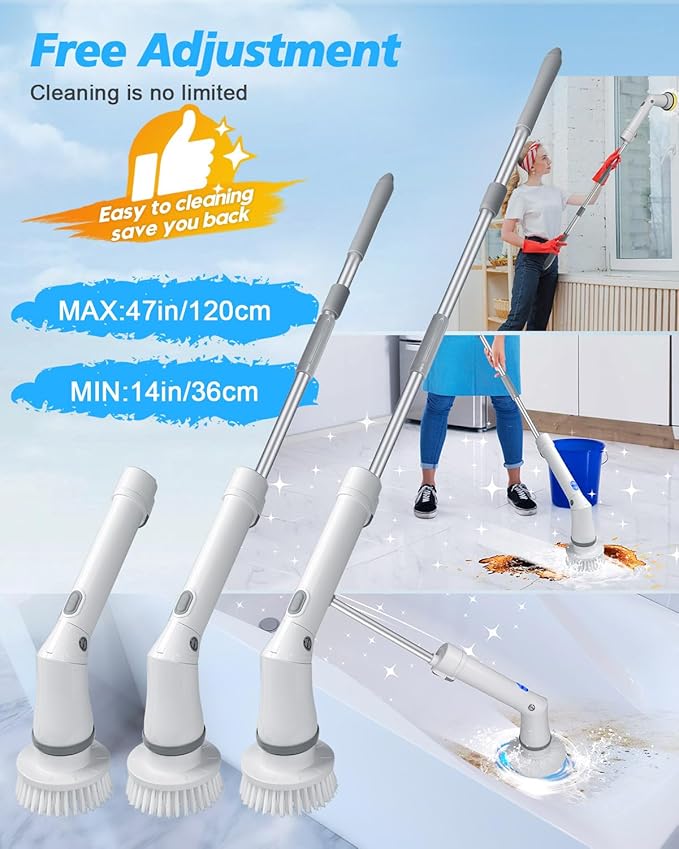 Electric Spin Scrubber Cordless Cleaning Brush, 2 Speed Shower Power Scrubbers for Cleaning Tub Tile, Spin Brush Cleaning for Bathroom Long Handle