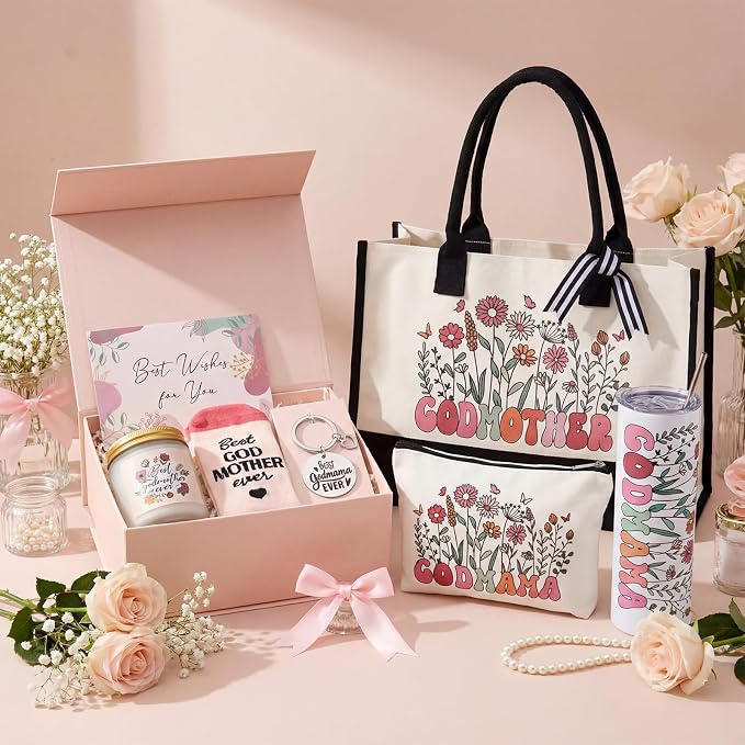 Patelai 7 Pcs Godmother Proposal Gift Set Will You Be My Godmother Ideas God Mother Gifts for Women 20oz Tumbler Canvas Tote Makeup Bag Gift Set from Godchild for Mother's Day Birthday Baptism