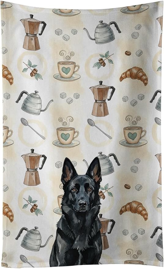 Caroline's Treasures Black German Shepherd Coffee Bar Kitchen Towel Velour Plush Front and Cotton Loop Back Machine Washable