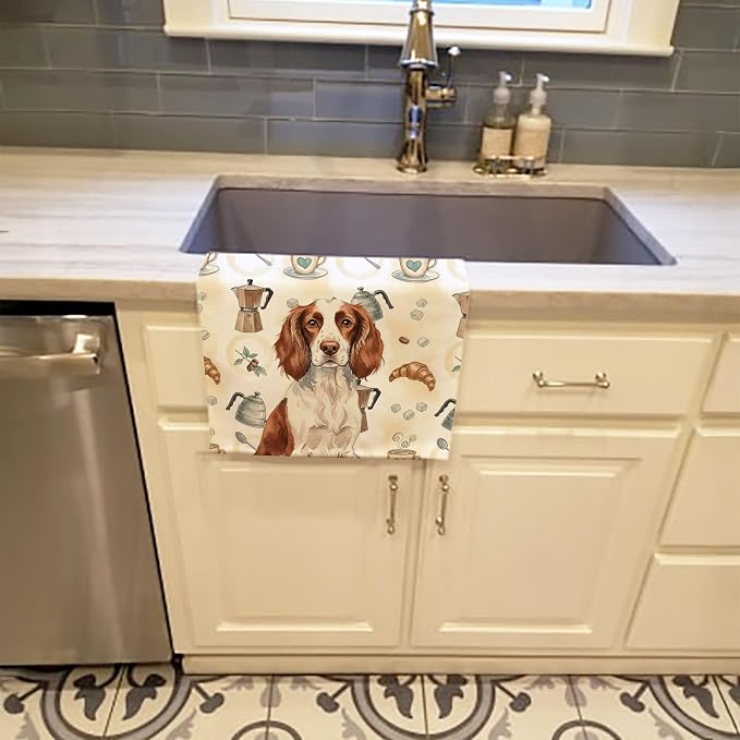 Caroline's Treasures Liver and White English Springer Spaniel Coffee Bar Kitchen Towel Velour Plush Front and Cotton Loop Back Machine Washable