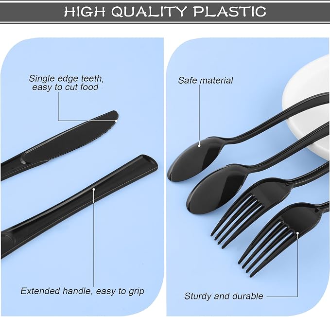 Kochorie 300 Pieces Graduation Black Plastic Silverware, Heavy Duty Disposable Utensils with Forks Spoons Knives, Premium Heavyweight Cutlery for Graduation Party, Birthday, Prom Night, Wedding Dinner
