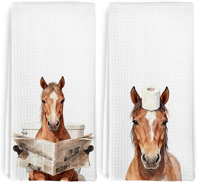 Funny Horse Hand Towels for Bathroom Kitchen Farmhouse Cabin Decor, Horse Lovers Gifts for Women Men, Rustic Horses Themed Dish Tea Towels, Farm Animals Decorative Hand Towels Set of 2, 16x24
