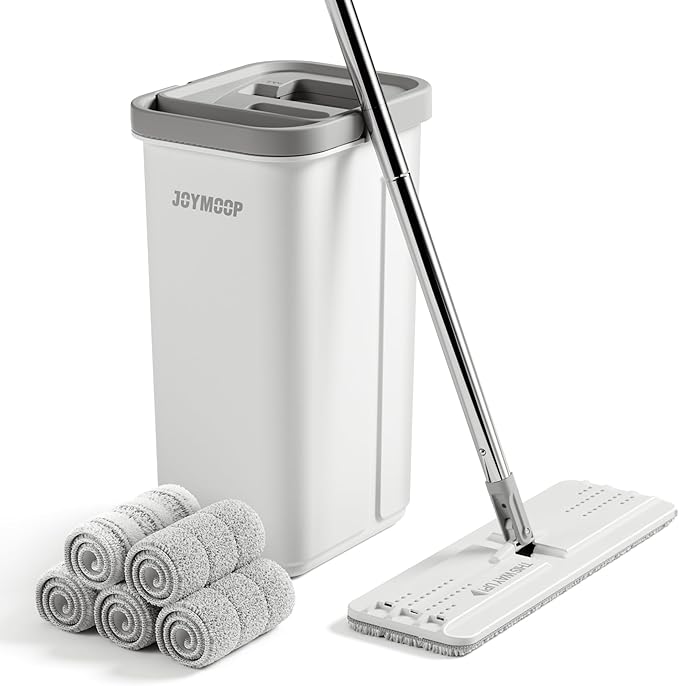 JOYMOOP Mop and Bucket Set, Hands-Free Flat Floor Mop and Bucket, 5 Washable Microfiber Pads, Wet and Dry Use, Ideal for Household and Commercial Floor Cleaning