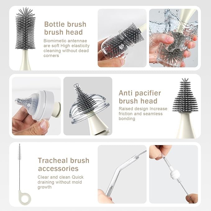 Electric Bottle Brush Cleaner Set, USB Rechargeable 360° Spin Baby Bottle Cleaner with 2 Brush Heads & Straw Brush, Waterproof, High/Low Speed, Portable Travel Cleaning Kit, White