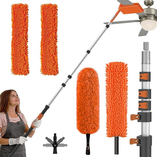 SISIUPASSIE 30FT Reach Ceiling Fan Cleaner Duster, Ceiling Fan Blade Cleaner with Extension Pole, Washable & Replaceable Microfiber Feather Duster Kits