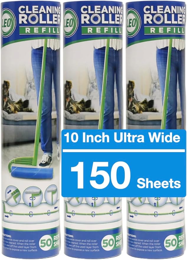Leo Large 10-Inch Wide Lint Roller Refills 175 Sheets with extendable Handle to 45 inch for Lint Removers Household Cleaning Easily Remove Pet Hair Dust and Debris from Floors Carpets and Furniture