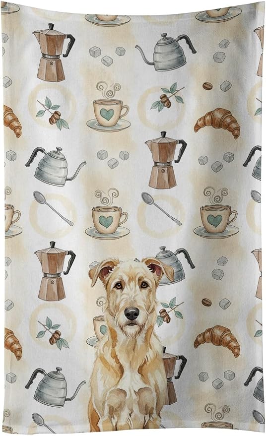 Caroline's Treasures Wheaten Irish Wolfhound Coffee Bar Kitchen Towel Velour Plush Front and Cotton Loop Back Machine Washable