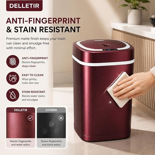 Smart Trash Can, Motion Sensor Trash Can with Lid, 15L Touchless Automatic Garbage Can for Bathroom, Bedroom & Office, Stainless Steel, Quiet Soft-Close, Long Battery Life, Wine