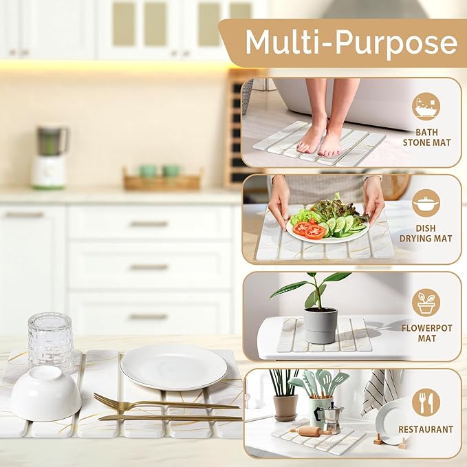 Large Stone Dish Drying Mat for Kitchen Counter, 2PCS Quick Dry Stone Dishes Mat,Foldable Water Absorbing Drying Organizer Pad for Plate Rack Bottles Utensils(Printed White Gold 16"x12" & 8“x4")