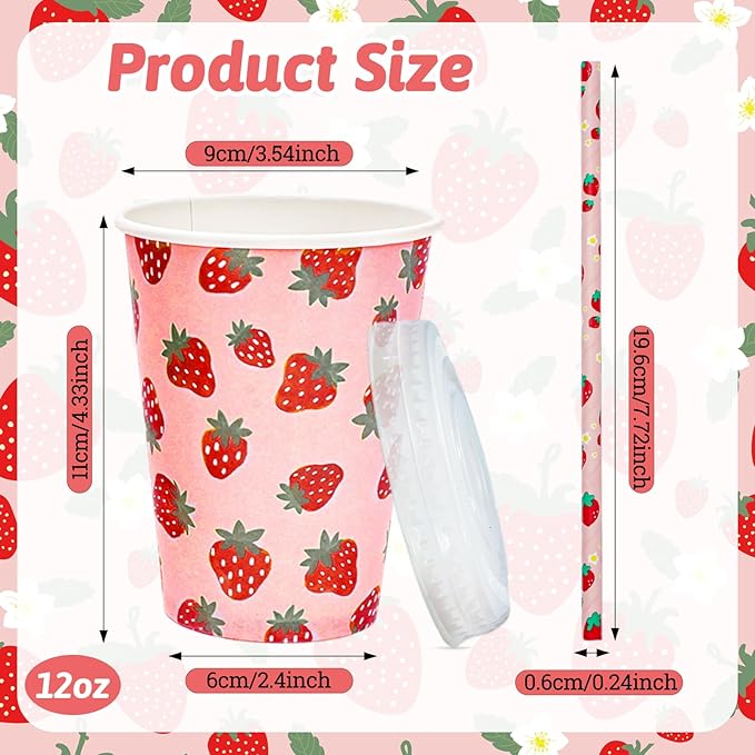 50 Sets Strawberry Paper Cups with Paper Straws Plastic Lids 12OZ Summer Fruits Disposable Coffee Tea Cups for Girls Fruit Birthday Party Juice Drink Beverage Bar Supplies