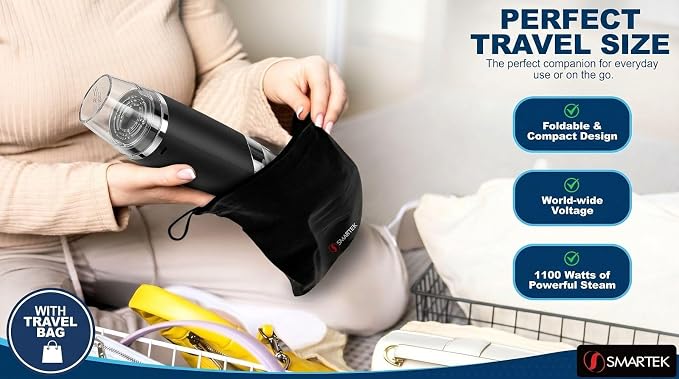 Foldable Handheld Garment Steamer - 1100 Watts of Powerful Steam - Dual Voltage (120-240) Great for worldwide Travel, Comes with Travel Bag (Black)