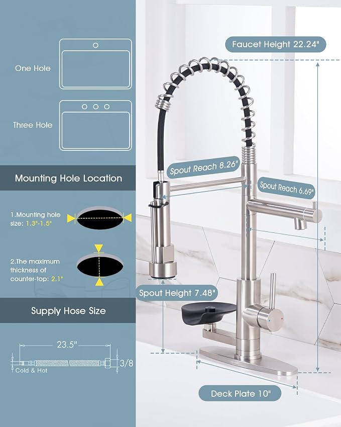 Kitchen Sink Fuacet with Glass Rinser, Single Handle Kitchen Faucet with Pot Filler, Pull Down Sparyer, Deck Plate, 304 Stainless Steel, Brushed Nickel