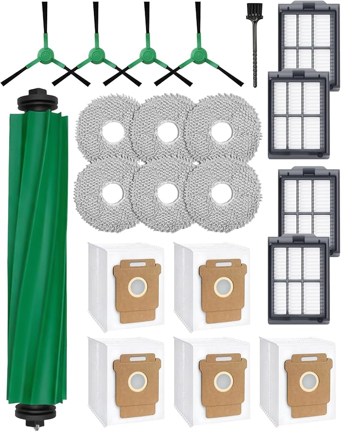 21 Pcs Replacement Parts for iRobot Roomba Plus 405/505/507 Combo Robot Vacuum Cleaner: 1 Main Brush, 4 Side Brushes, 4 HEPA Filters, 5 Dust Bags, 6 Mop Pads, 1 Cleaning Brush
