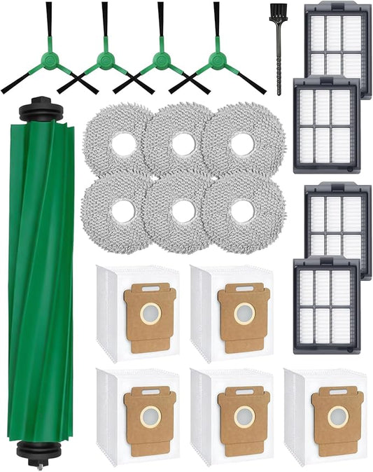 21 Pcs Replacement Parts for iRobot Roomba Plus 405/505/507 Combo Robot Vacuum Cleaner: 1 Main Brush, 4 Side Brushes, 4 HEPA Filters, 5 Dust Bags, 6 Mop Pads, 1 Cleaning Brush