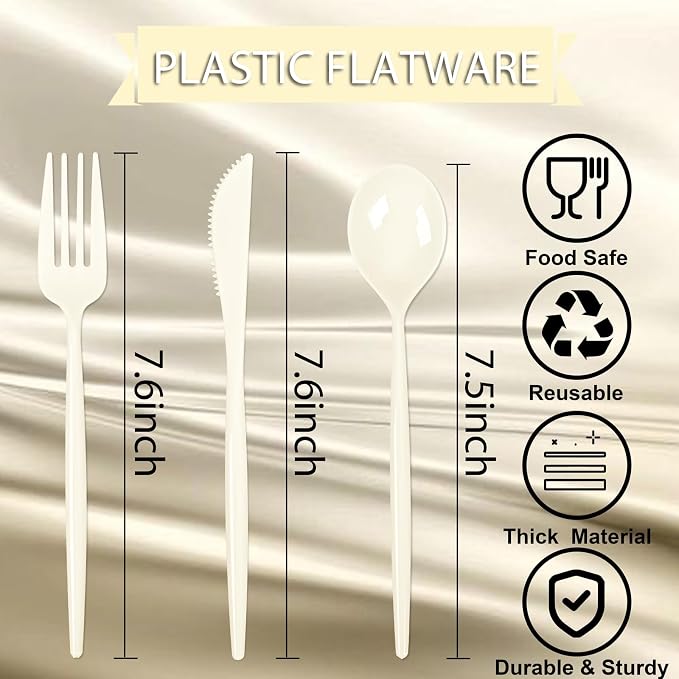 Supernal 180pcs Plastic Silverware Heavy Duty Ivory Plastic Utensils Cutlery Disposable Beige Party Silverware Include 60 Forks,60 Knvies,60 Spoons Disposable Cutlery for Party,Wedding,New Year