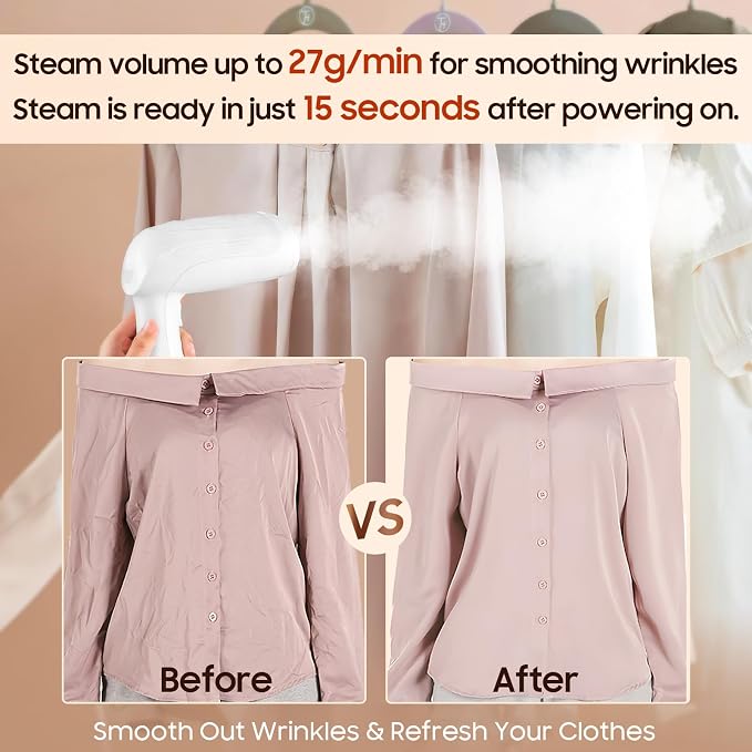 Portable Hand Held Steamer for Clothes - 1350W Handheld Clothes Steamer, 15S Rapid Heating, Garment Wrinkle Remover Fastly Make Clothes Soft, Large-Capacity Iron for Hotels/Travel