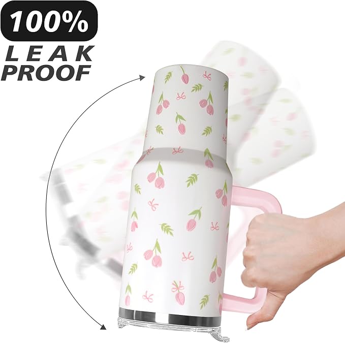 Ceovfoi 40 oz Tulip Bow Tumbler with Handle & Straw, Vacuum Insulated Stainless Steel Flip Top Water Bottle, Floral Tulip Bow Travel Mug, Spring Gifts for Women, Cute Tumbler for Car Cup Holder