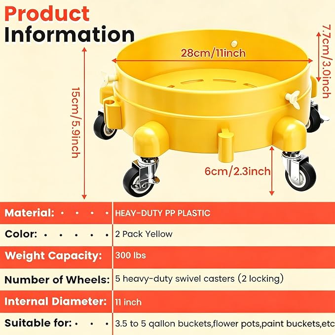 Heavy-Duty Bucket Dolly with Wheels, 5 Gallon Bucket Roller with Locking Casters & Secure Clamp, Rolling Bucket Cart for Cleaning, Gardening, Industrial Use, Max Load 300 Lbs (Yellow)