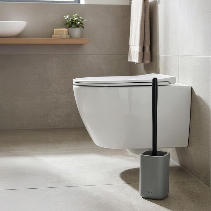 Vigar Zense Toilet Brush and Holder Set - Toilet Bowl Brush and Holder, Polyresin Stone Bathroom Accessory, Compact Toilet Cleaner Brush for Bathroom Decor and Toilet Accessories Set - Concrete