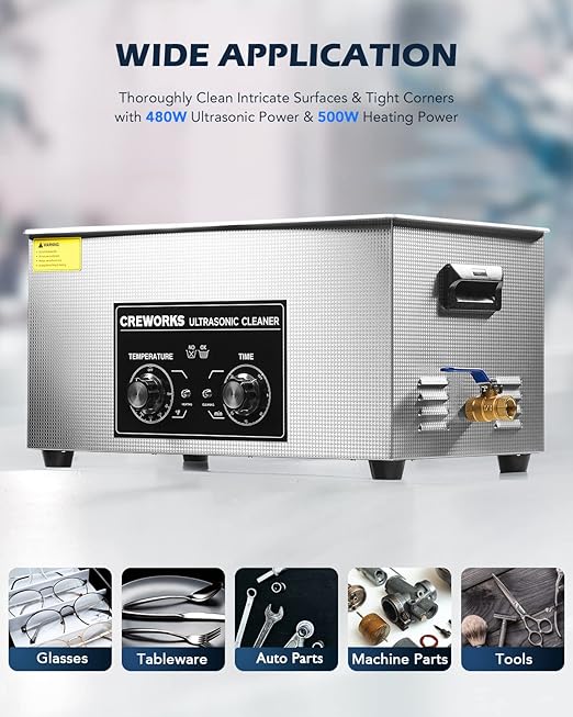CREWORKS Ultrasonic Cleaner with Heater and Timer, 480W 22L Professional Ultrasonic Cleaning Machine, 5.8 gal Stainless Steel Cleaner with Knobs for Tool Jewelry Watch Glasses and More