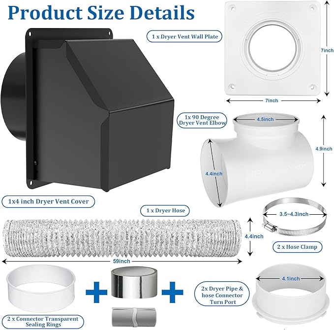 4 inch Dryer Vent Cover, Dryer Vent Connector Kit, 90 Degree Dryer Vent Elbow, Dryer Vent Wall Plate with Hose(4 inch 5FT) Indoor Dryer Vent Duct Adapter, Dryer Vent Hose for Tight Space