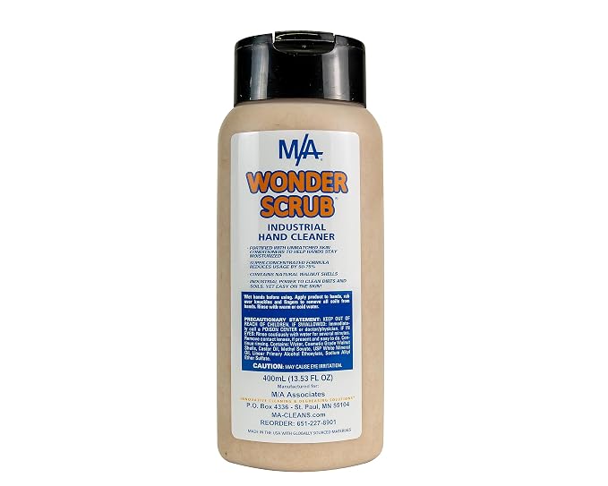 M/A Wonder Scrub - Industrial Strength Mechanic Hand Cleaner - Heavy Duty Walnut Shell Soap - Tough on Grease, Dirt, Oil, and Paint (400 ml bottle)