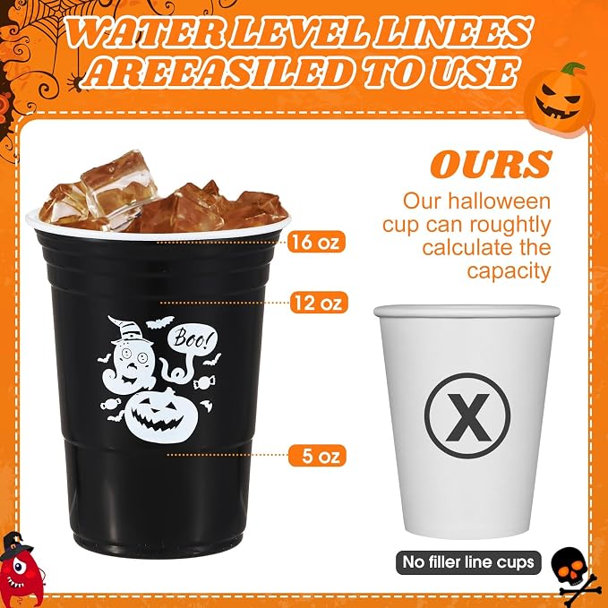 Lallisa 50 Pcs Halloween Plastic Cups 16 oz Disposable Halloween Party Cups Funny Pumpkin Ghost Skull Cat Drinking Tumbler Drinkware for Holiday Party Favors Supplies Family Dinner Decor