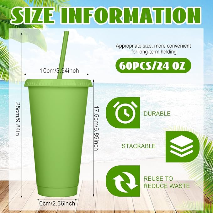 Honeydak 60 Pack Tumbler with Straw and Lid Bulk Cups for Gifts Water Bottle Iced Coffee Travel Mug Cup Reusable Plastic Tumblers for Party Birthdays 24-27 oz (Fresh Color)