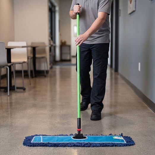 Restaurantware-Clean Tek Professional 24.02 x 5 Inch Dry Floor Mop, 1 Reusable Dust Mop - 64-Inch Handle, Secure Attachment, Blue Cotton-Poly, Machine Washable, for Cleaning Home Or Office