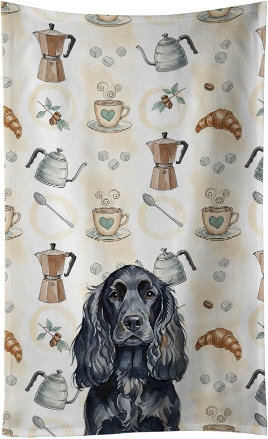 Caroline's Treasures Black English Cocker Spaniel Coffee Bar Kitchen Towel Velour Plush Front and Cotton Loop Back Machine Washable