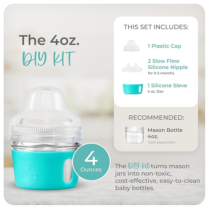 Mason Bottle Glass Baby Bottle DIY Kit – Fits 4oz Mason Jars – Includes 2X Slow Flow Nipples, Silicone Sleeve, and Cap (Ring, Lid, and Jar Not Included) – Made in USA