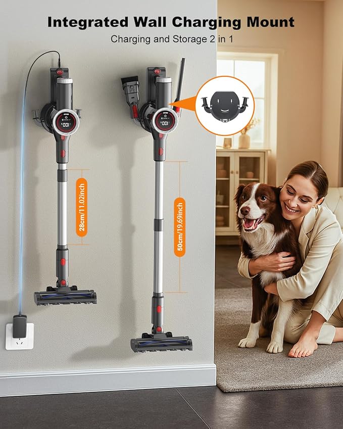 Cordless Vacuum Cleaner, Stick Vacuum Rechargeable, 550W 45KPA Powerful Suction Lightweight Vacuum Cleaners for Home, Anti-Tangle, Self Standing for Pet Hair Hardwood Floor Carpet - Silver