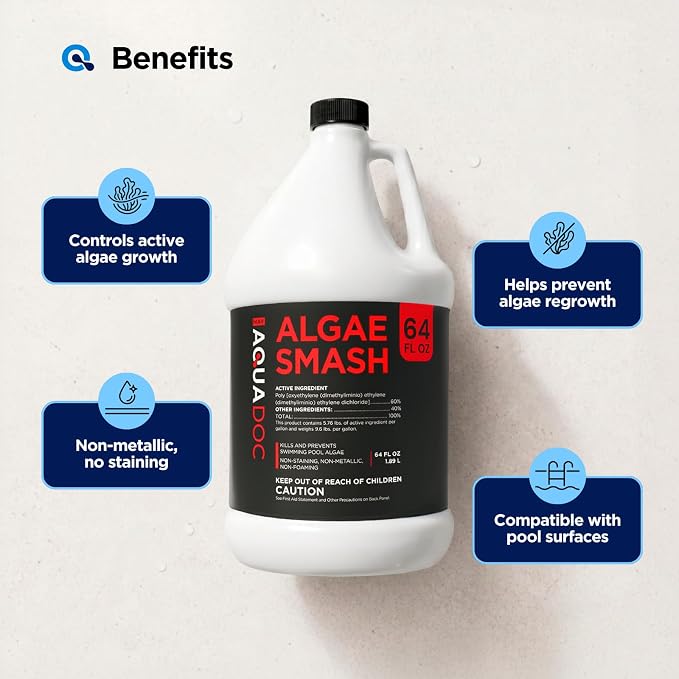 AquaDoc Algae Smash Polyquat 60 Algaecide for Swimming Pools - 64 oz - Non-Foaming, Non-Staining Formula to Help Remove and Prevent Algae in Inground and Above Ground Pools - Made in USA