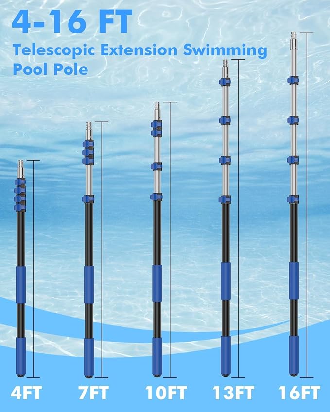 Pool Pole Telescopic 16FT Heavy Duty Upgraded Aluminum, 16 Ft Extension/Extendable Telescoping for Above Ground/Inground Swimming Cleaning, Leaf Skimmer/Brush/Net/Vacuum/Mesh
