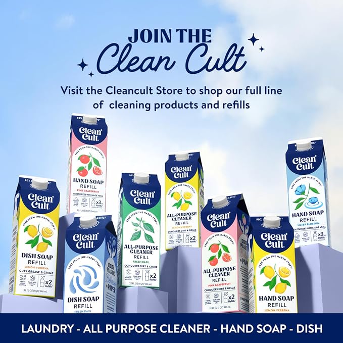 Cleancult Ultra Concentrated Liquid Laundry Detergent, 64 loads (32 oz), Long Lasting Scent, 90% Less Plastic, No Harsh Chemicals, Rose Petal, Defeats Stains & Odors, HE/Standard Compatible