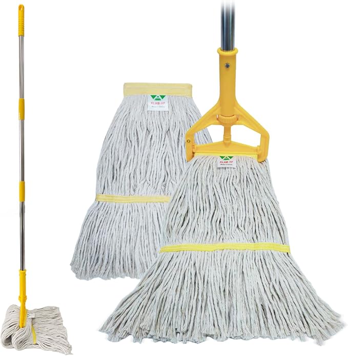 Commercial Cotton Mop | Heavy-Duty Industrial Mop | 2 Replacement Heads | 152cm Stainless Steel Handle | Professional Institutional Cleaning (B)