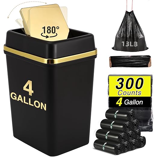 Bathroom Trash Can with Lid 4 Gallon Trash Can with Swing Lid Small Garbage Can Black Bathroom Trash Can with 300 Counts Trash Bags for Kitchen Bedroom Office Dorm